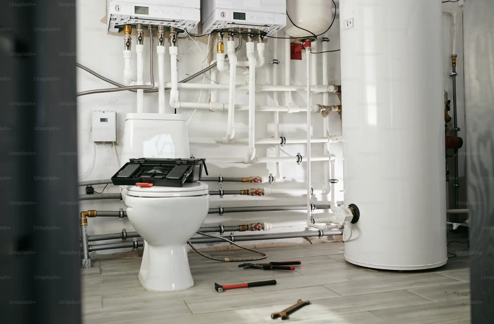 Water heater and bathroom plumbing
